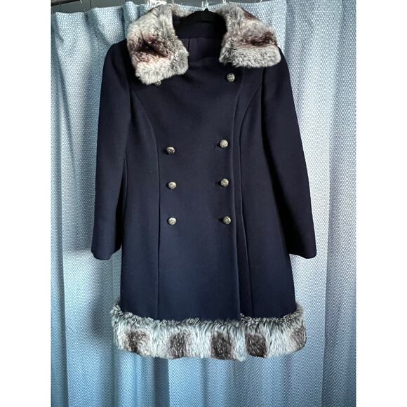 Vintage wool coat with rabbit fur trim, double breasted 1950s Zelinka Matlick - Picture 1 of 7